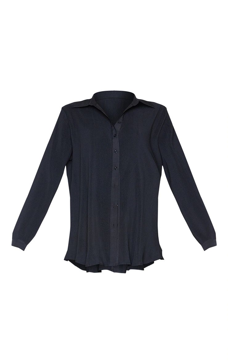 Black Plisse Button Front Oversized Shirt | PrettyLittleThing US