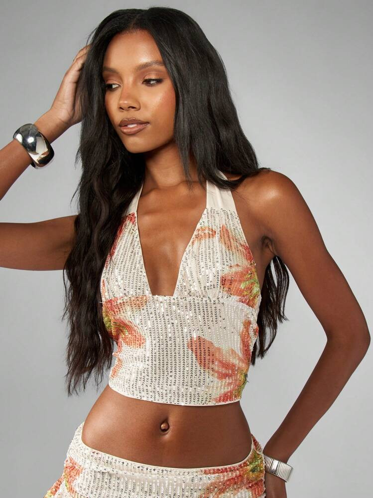 MISSGUIDED Festival Party Halter Neck Crop Top Sequin Floral Design Dancing Club Evening Party Ruffled Summer Vacation Holiday Beach | SHEIN