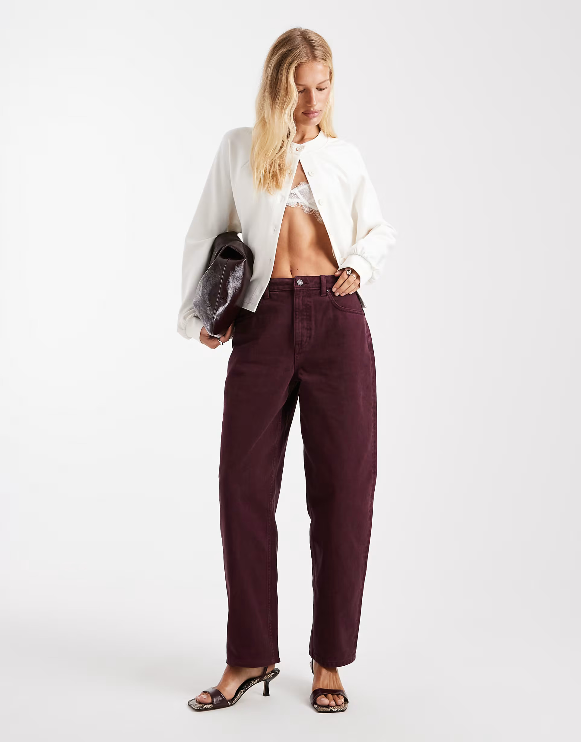 ASOS DESIGN slim barrel jeans in burgundy | ASOS (Global)