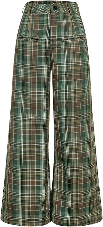 WDIRARA Women's Plaid Wide Leg Pants Casual High Waist Long Pants Trousers | Amazon (US)