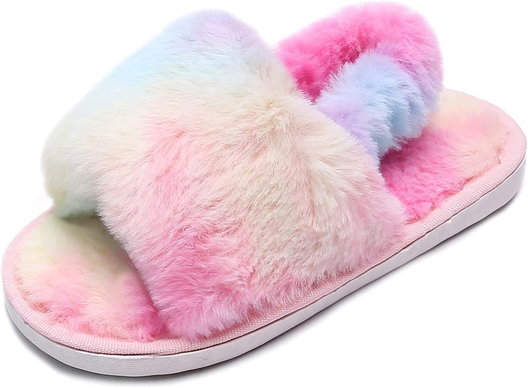 Girl's Fuzzy Fluffy Furry Slippers Cross Band Shoes Slides for Girls Fur Flip Flop Open Toe Slipp... | Amazon (US)