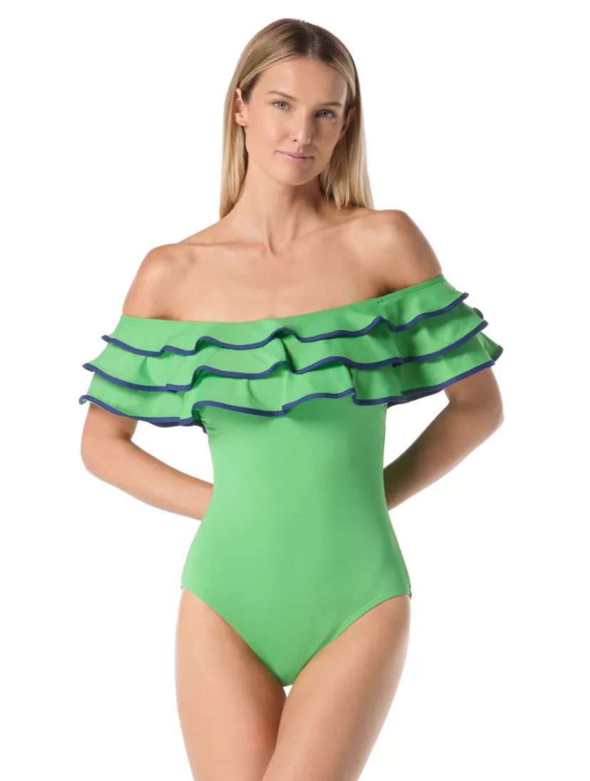 Women's Contrast Off Shoulder Bandeau One Piece Swimsuit | Belk