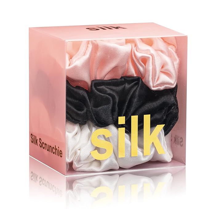 Silk Scrunchies for Hair 100% Mulberry Silk Hair Ties 3 Pack(Black, White, Pink) | Amazon (US)