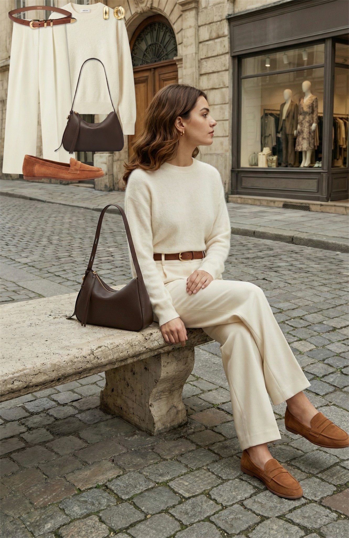 Soft Neutrals & Warm Leather 🤍🤎

Cream knit and tailored ivory trousers create a clean, elevated base, grounded by rich brown leather accessories and suede loafers. A timeless palette that feels polished, calm, and endlessly versatile for everyday city moments.

✨ Style Details:
• Cream sweater  
• Ivory tailored trousers  
• Brown leather belt  
• Chocolate shoulder bag  
• Suede loafers  
• Gold hoop earrings  

#LTKeurope #LTKSeasonal #LTKstyletip