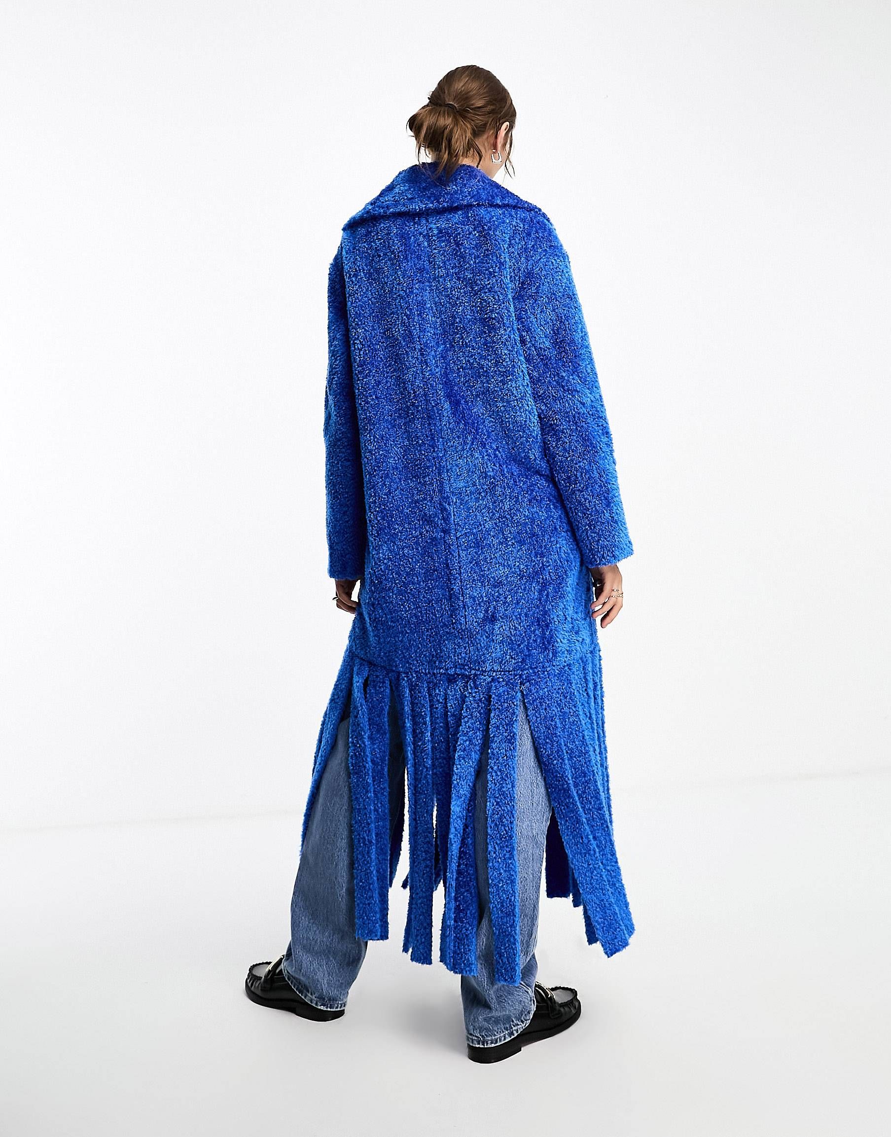 Annorlunda fluffy oversized curved collar tassel edge coat in cobalt blue | ASOS (Global)
