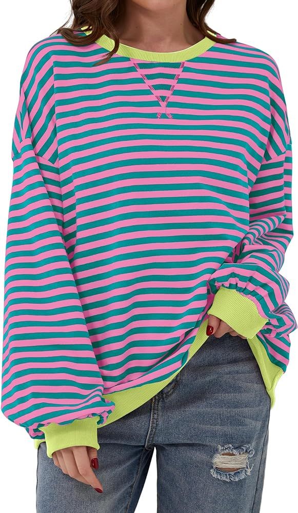 Women Striped Color Block Oversized Sweatshirt Crew Neck Long Sleeve Shirt Pullover Top Casual Lo... | Amazon (US)
