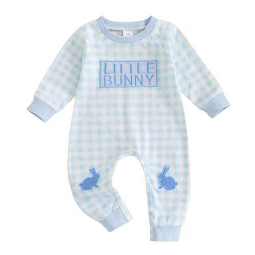 Bagilaanoe Infant Baby Boy Easter Outfit Plaid Little Bunny Long Sleeve Romper One Piece Jumpsuit Easter Boy Clothes (Blue-Little Bunny, 3-6 Months) | Amazon (US)