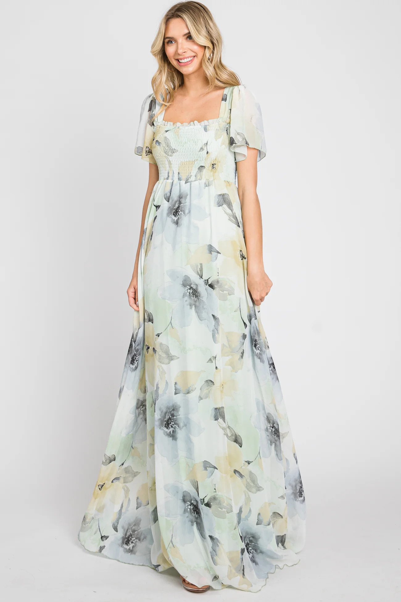 Mint Green Floral Chiffon Smocked Short Sleeve Maxi Dress | PinkBlush Maternity