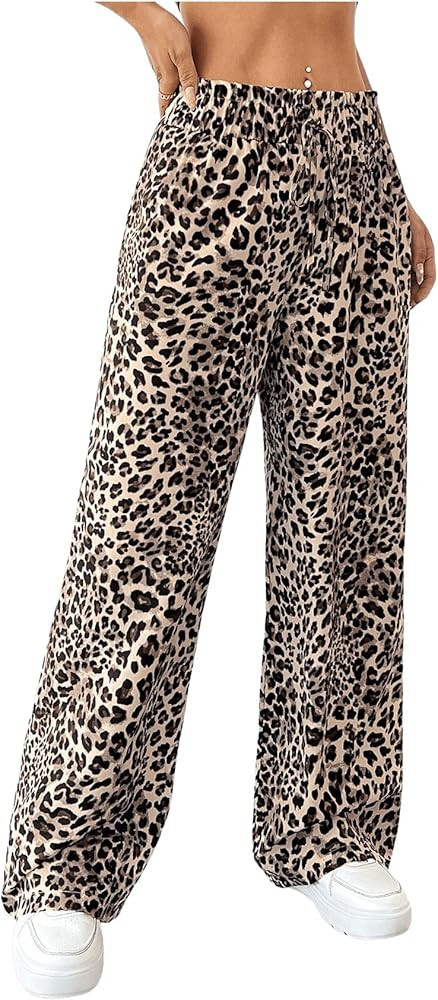 GORGLITTER Women's Leopard Cheetah Print Pants Trendy Animal Wide Leg Elastic Waist Drawstring Lo... | Amazon (US)