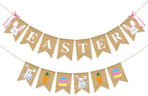 JOZON Easter Burlap Banner and Bunny Easter Eggs Carrot Burlap Banner Easter Banner Garland with ... | Amazon (US)