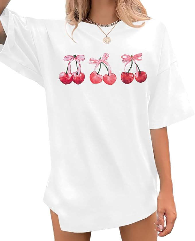 Pink Bow Cherries Shirt Women: Coquette Tops Clean Girl Aesthetic Shirts Casual Summer Short Slee... | Amazon (US)