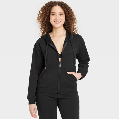 Women's Fleece Zip-Up Sweatshirt - Auden™ Black M: Midweight Hooded, Front Pocket | Target