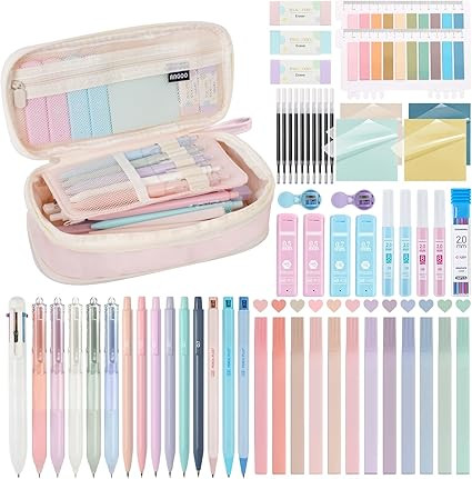 58 PCS Aesthetic School Supplies with Cute Pencil Case,12 Pastel Highlighters, 5 Gel Pens Black I... | Amazon (US)