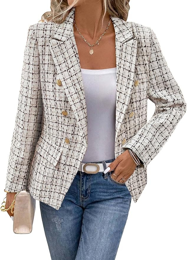 Mina Self 2025 Fall Women's Tweed Plaid Blazer Jacket - Fashion Slim Fully-Lined Double-Breasted ... | Amazon (US)