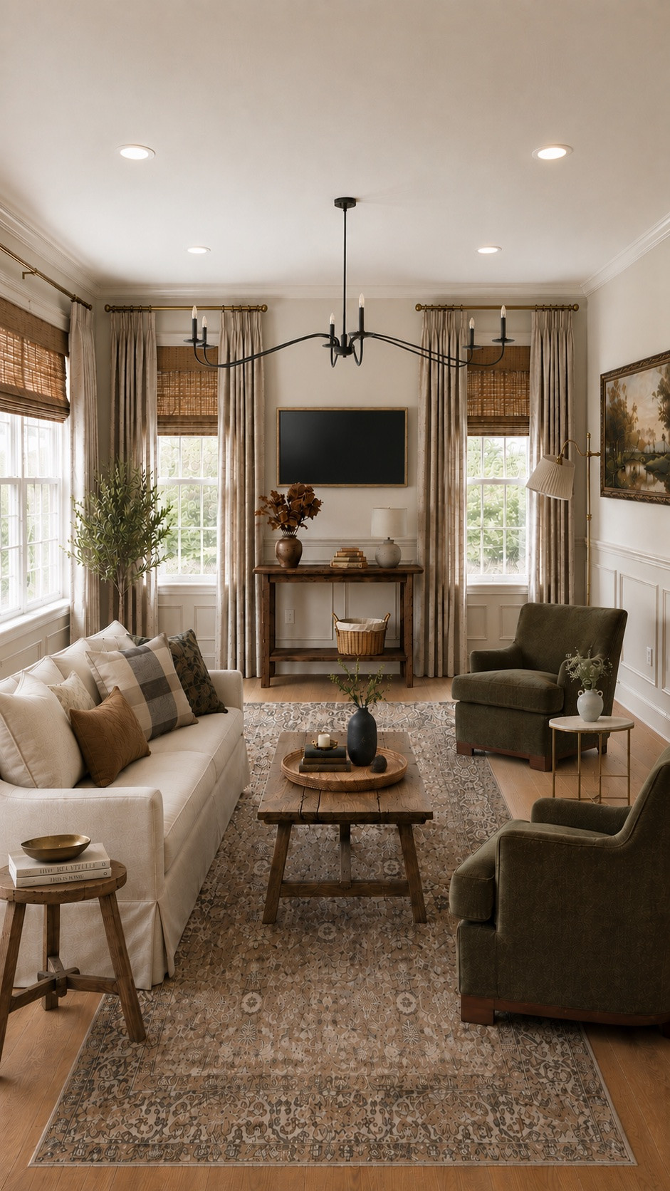This builder-grade living room had plenty of potential—it just needed some of the details that make a room feel finished and intentional.

I started with the room itself, replacing the carpet with warm wood flooring, adding box trim for architectural character, and layering bamboo shades with full-length curtains to soften the windows. From there, I brought in a mix of warm wood, olive upholstery, vintage-inspired patterns and collected details to give the room more depth without making it feel overly decorated.

And then there was the TV. Because as much as I love a beautiful living room, it still has to work for the people who actually live there. Instead of trying to hide it or pretend it wasn’t needed, I incorporated it into the design with an open console underneath so the trim work can still be seen.

It’s a good reminder that builder-grade doesn’t have to stay builder-grade—and practical doesn’t have to mean sacrificing pretty.

I’ve linked the exact pieces from this living room design below.

#LTKHome