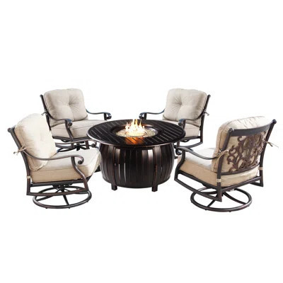 Outdoor Aluminum 44 In. Round Fire Table Set With Four Deep Seating Swivel Rocking Chairs, Fire Beads, Lid, Propane Tank Cover And Table Fabric Cover | Perigold