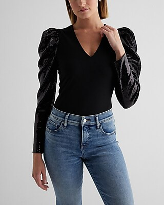 V-neck Sequin Puff Sleeve Bodysuit | Express