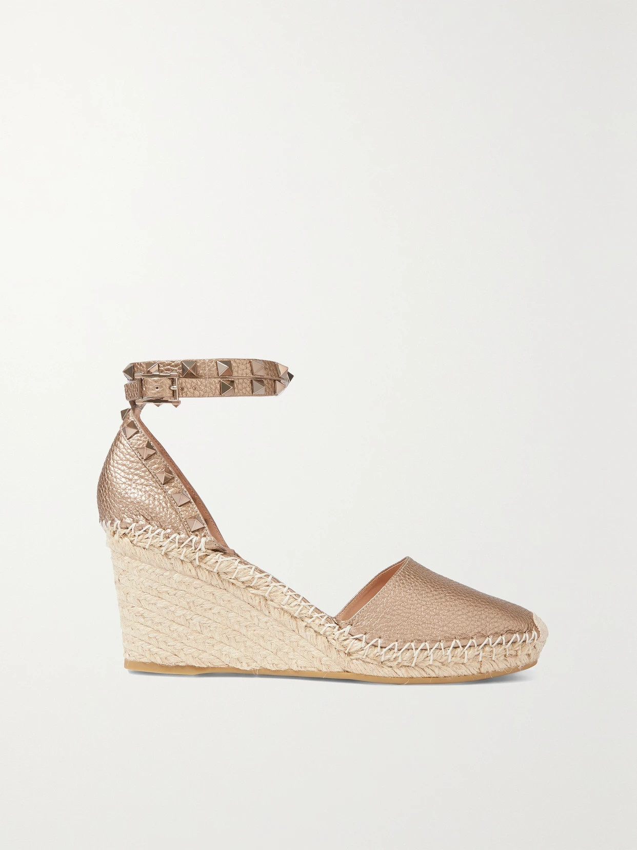 Valentino - Valentino Garavani Rockstud Double 85 Textured-leather Wedge Espadrilles - Gold | NET-A-PORTER (US)
