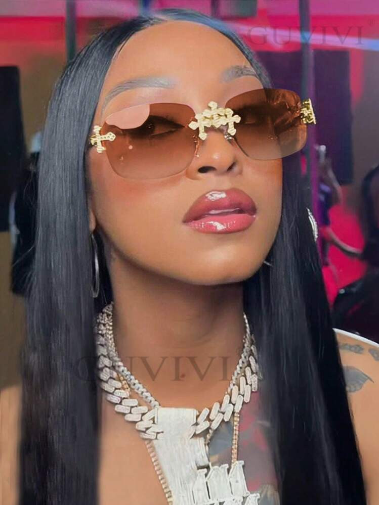 1pc Frameless Fashion Glasses Square Rhinestone Inlay, High-End Y2K Personality, Versatile Women's Fashion Glasses, Shiny Accessories Suitable For Daily Wear, Street Photography, Vacation, Tourism, Beach Accessories | SHEIN