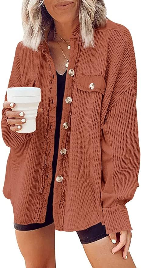 Yanekop Womens Waffle Knit Shacket Boyfriend Shirt Jacket Button Down Blouse Loose Fit Long Sleev... | Amazon (US)