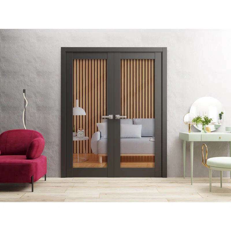 Solid French Double Doors | Lucia 2166 Matte Black Clear Glass | Wood Solid Panel Frame Trims | C... | Wayfair North America