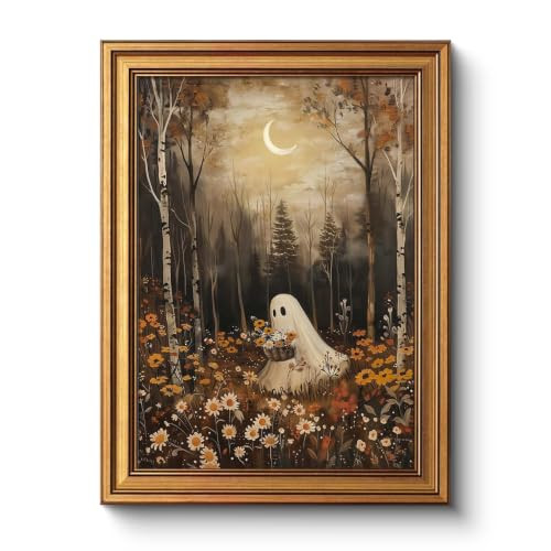 Gold Framed Vintage Halloween Canvas Wall Art Cozy Fall Forest Ghost Decor | Amazon (US)