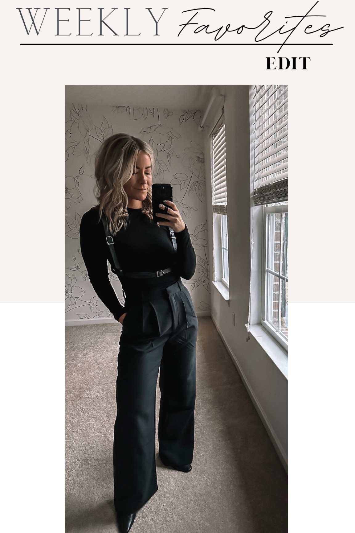 All black look, black wide leg trouser, black mesh long sleeve top, leather harness, black heeled booties 

#LTKunder100 #LTKfit #LTKU