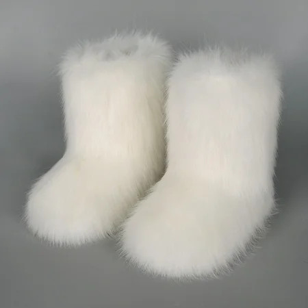 Faux Fur Boots for Women Fuzzy Fluffy Furry Round Toe Suede Winter Snow Boots Flat Shoes | Walmart (US)