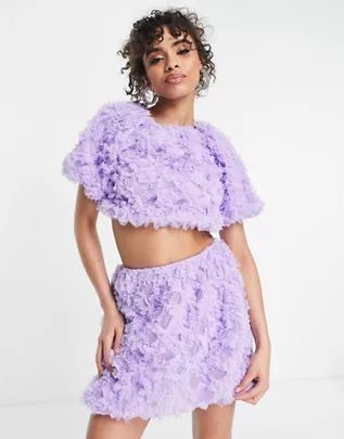ASOS LUXE 3D lace puff sleeve open back crop top in lilac | ASOS (Global)