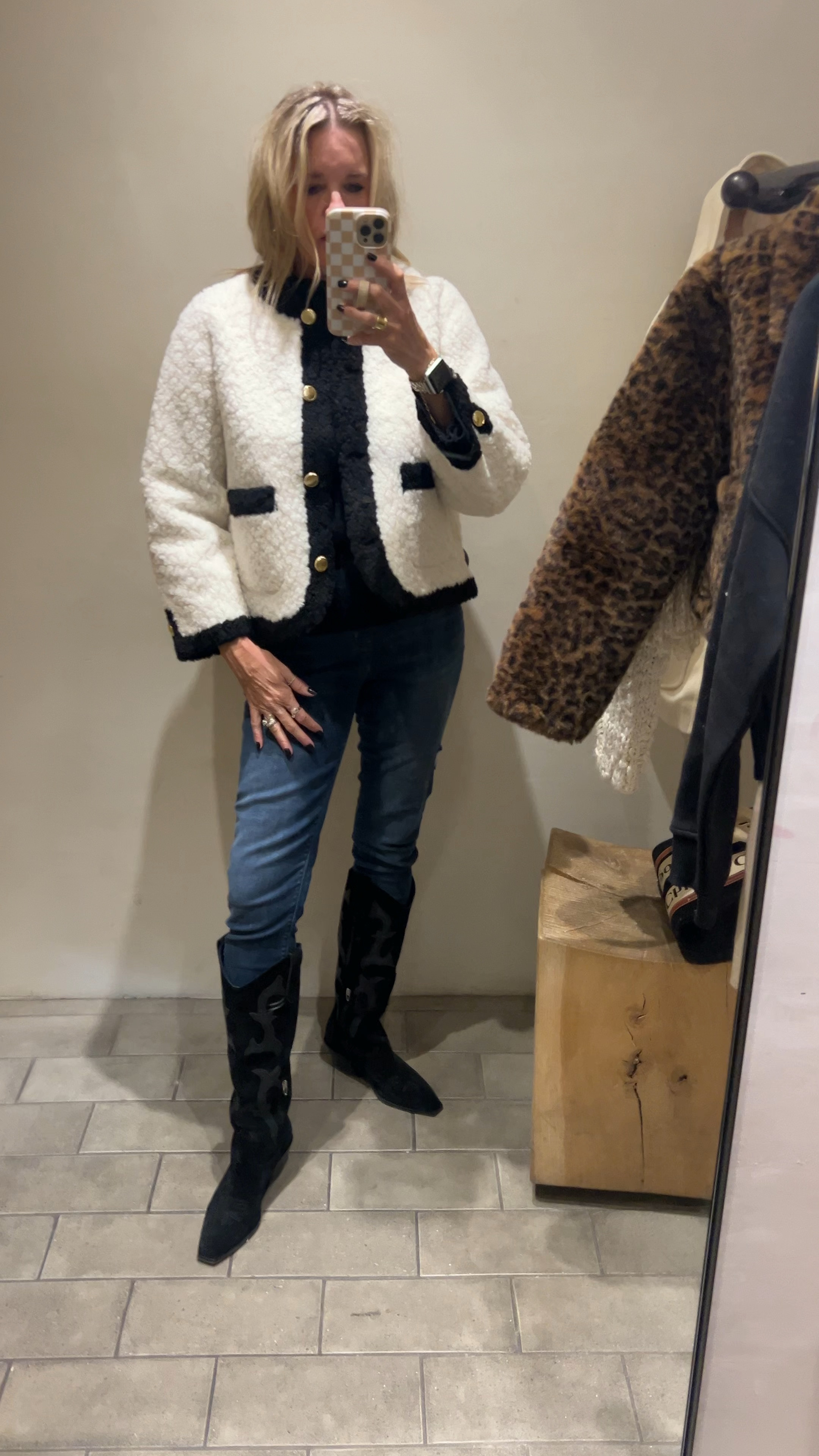 Maeve Sherpa ladies jacket 
I sized down in xsm 
So cute 


I am wearing dolce vita boots
 
And Spanx pull on skinny jeans on sale  no bulk no pockets or zippers 

Black sweater. Tts


#LTKStyleTip #LTKVideo