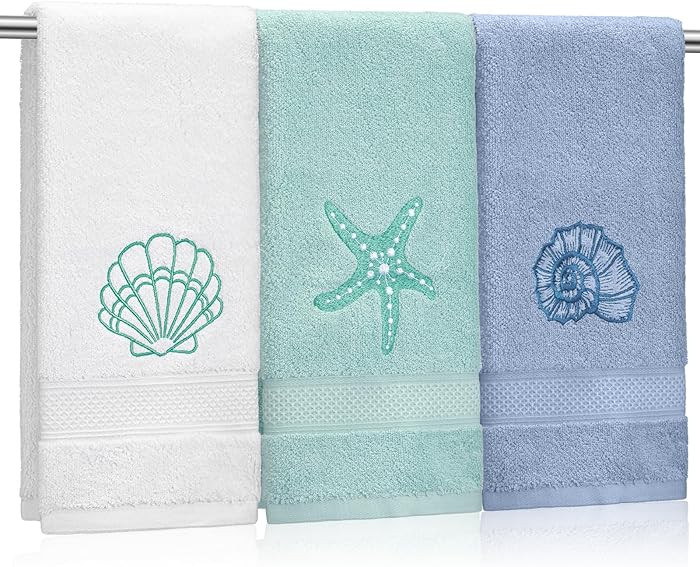 3 Pack Coastal Hand Towels for Bathroom 100% Cotton Embroidered Beach Bathroom Towels 13.8 x 29.5... | Amazon (US)