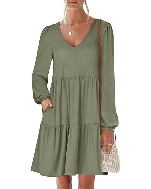 ANRABESS Women's Casual Long Sleeve V Neck Tiered Swing Flowy Loose A-line Cute Mini Short Spring... | Amazon (US)