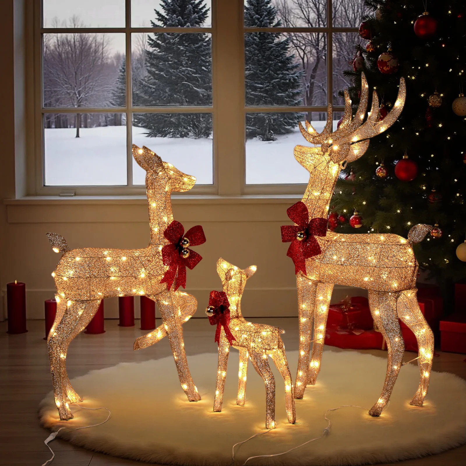 Zimtown 4FT Christmas Reindeer Set Lighted Outdoor Yard Decoration LED Lights - Gold | Walmart (US)