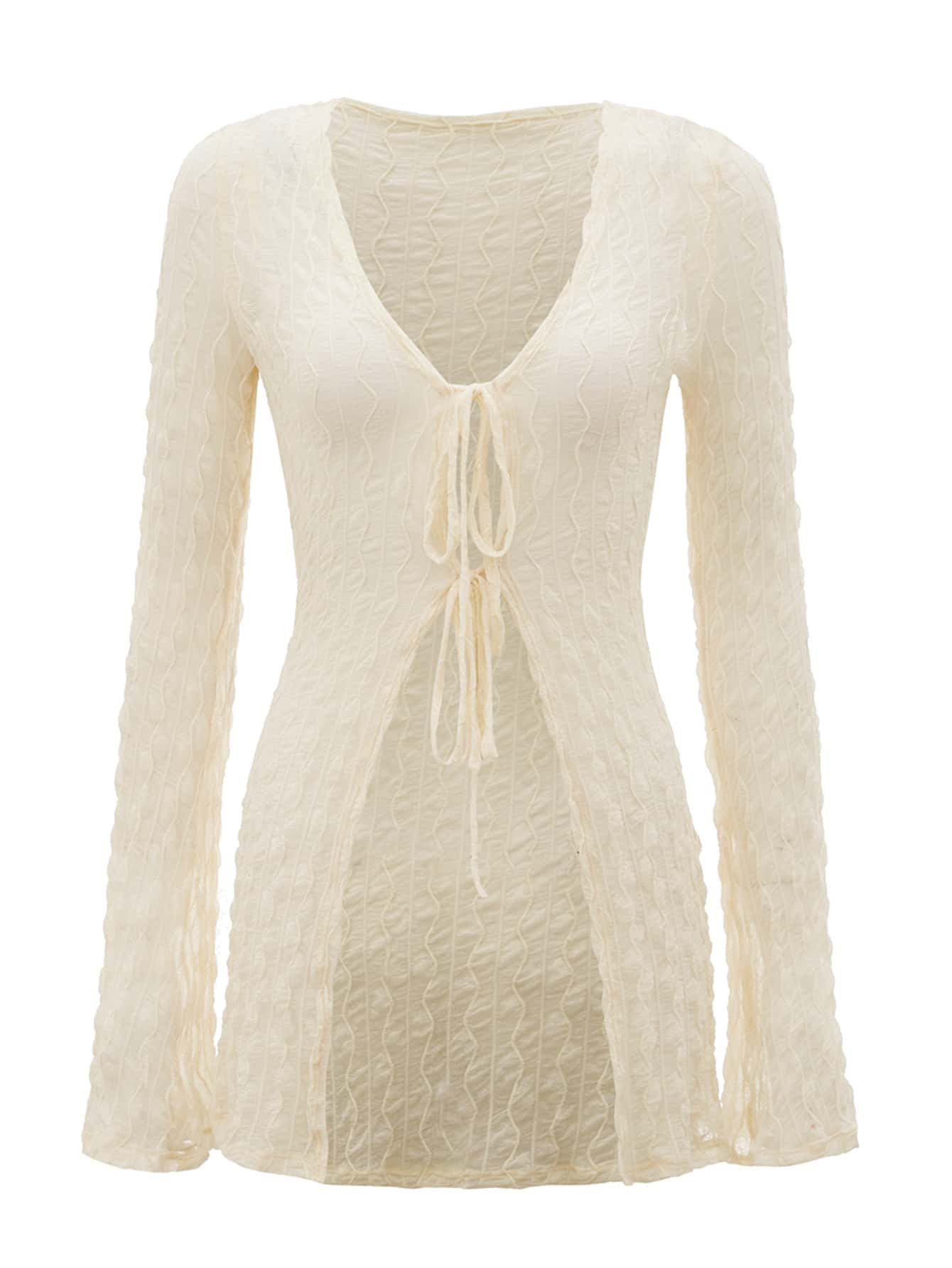 SHEIN ICON 90s Bell Sleeve Tie Front Textured Sheer Top | SHEIN