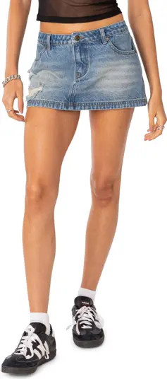EDIKTED Distressed Low Rise Denim Miniskirt | Nordstrom | Nordstrom