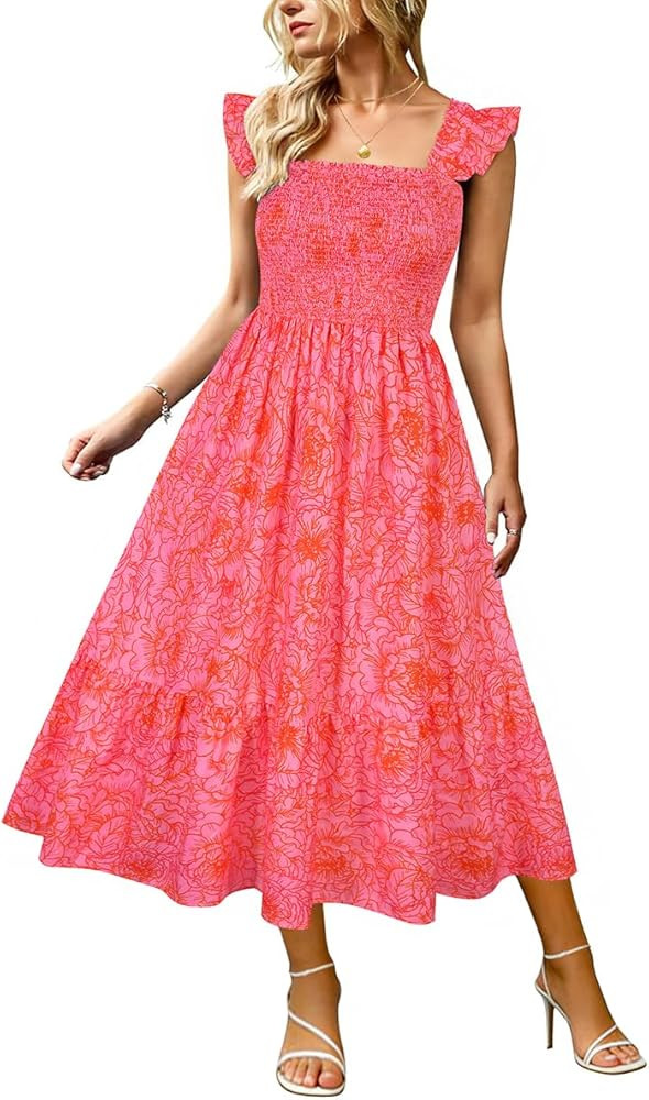 RITERA Plus Size Dress Women Summer Sleeveless Square Neck Smocked Ruffle Strap Midi Beach Sundre... | Amazon (US)