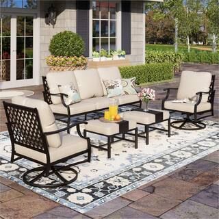 PHI VILLA Black 5-Piece Metal Meshed 7-Seat Outdoor Patio Conversation Set with Beige Cushions, 2... | The Home Depot