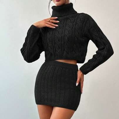 Women Autumn/Winter Solid Color Turtleneck Long Sleeve Cropped Sweater And Knitted Mini Skirt Casual 2 Pieces Set | SHEIN
