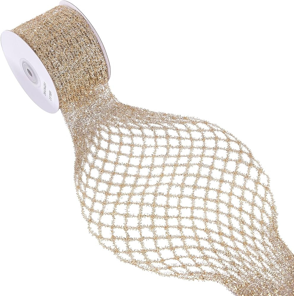 Gold Stretchable Glitter Metallic Mesh Ribbon Wired Web Ribbon Wide 2.5" to 7" for Christmas Tree... | Amazon (US)
