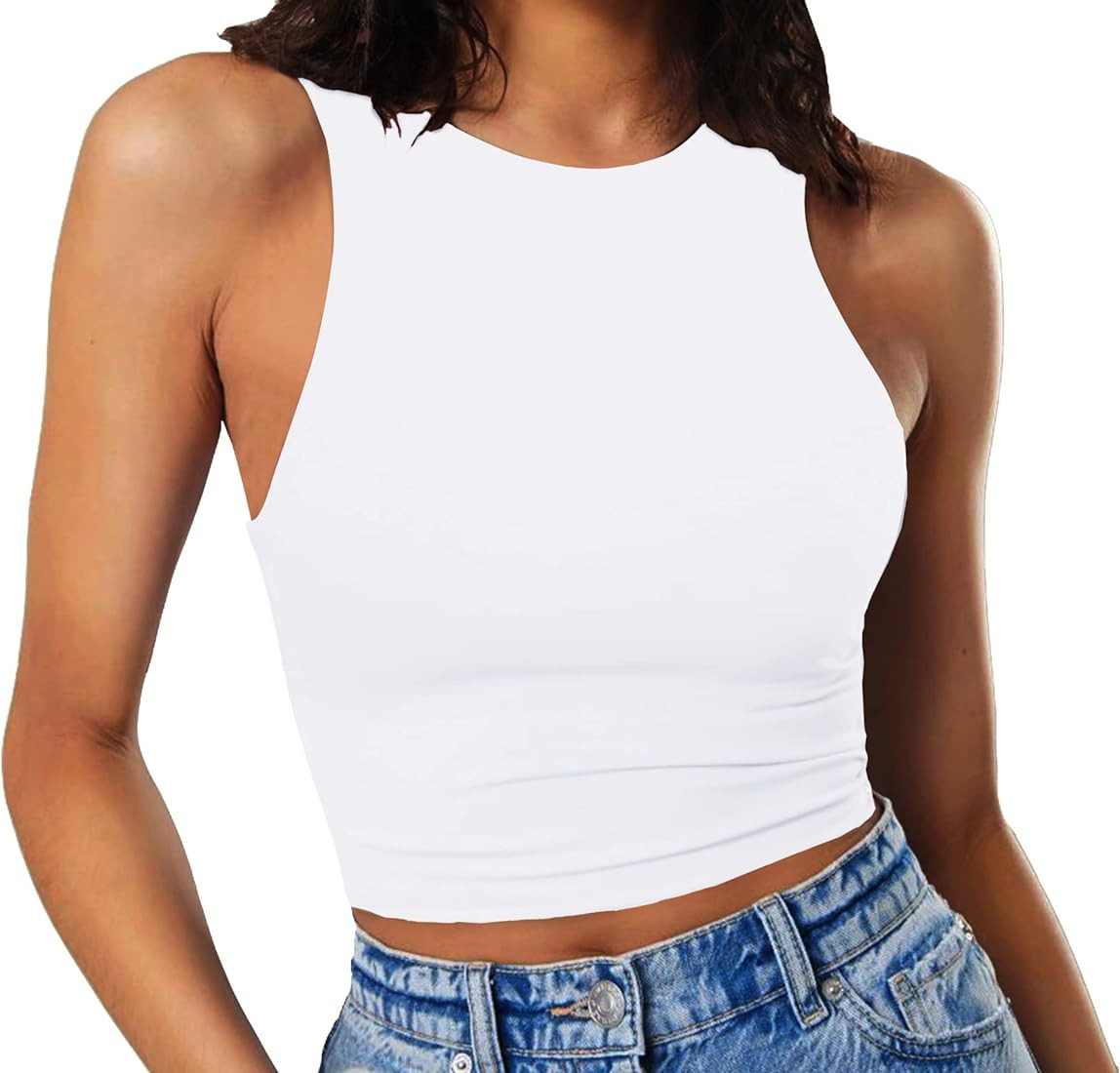 Artfish Women's Sleeveless Cropped Shirts High Neck Stretchy Fitted Basic Crop Tank Top | Amazon (US)