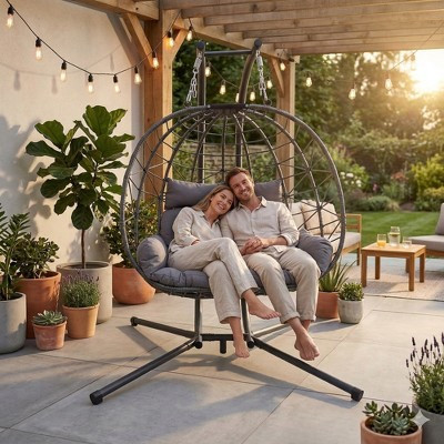 Whisen Outdoor Double Hanging Egg Chair for 2 with Stand, Patio Swing Chair Loveseat, Indoor Rocking Chair, Hanging Basket Chair with Cushion - Grey | Target