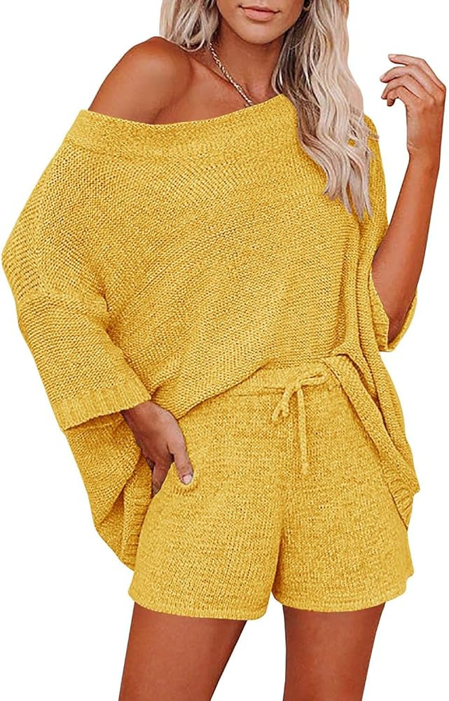 Mafulus Women's 2 Piece Outfits Sweater Set Off Shoulder Knit Top + Drawstring Waist Short Suits ... | Amazon (US)