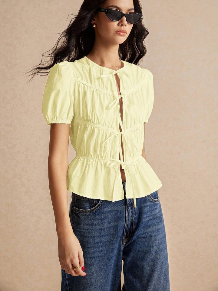 Poéselle Women's Solid Color Simple Everyday Lace Up Sleeve Bubble Sleeve Shirt, Lace Up Shirt, ... | SHEIN