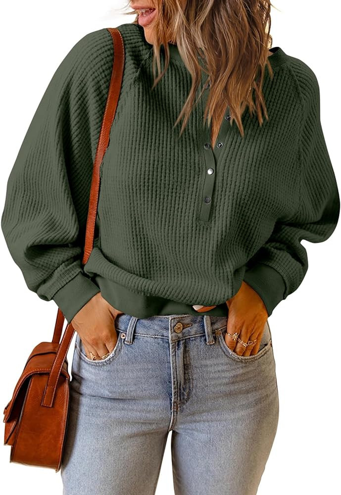 PRETTYGARDEN Women's Long Sleeve Waffle Knit Sweater Fall Button Pullover V Neck Loose Crop Top | Amazon (US)