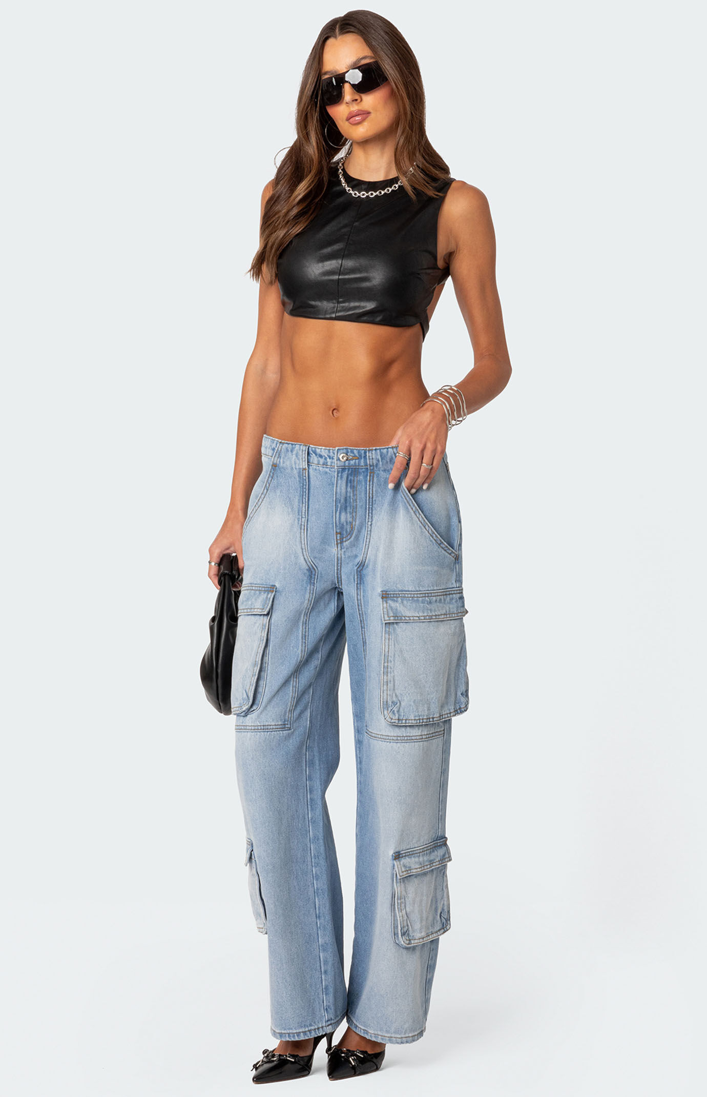 Edikted Women's Porsha Open Back Faux Leather Crop Top in Black - Size Medium | PacSun