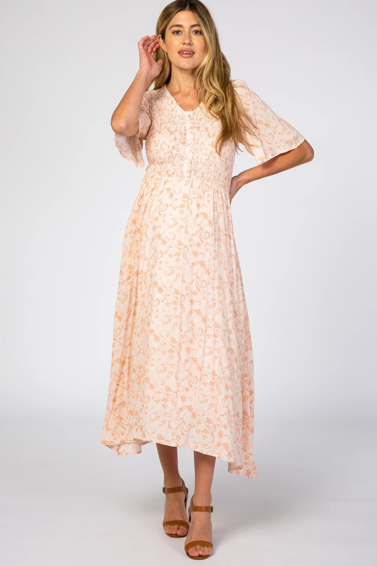 Peach Floral Button Front Smocked Maternity Midi Dress | PinkBlush Maternity