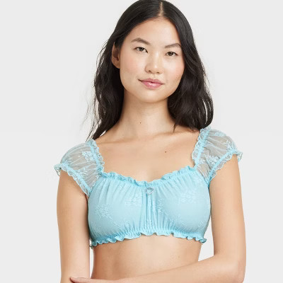 Women's Lace Off the Shoulder Bralette - Colsie™ Darling Blue XS: Wireless, Light Support, Wide Straps, Sheer Lingerie Hem | Target