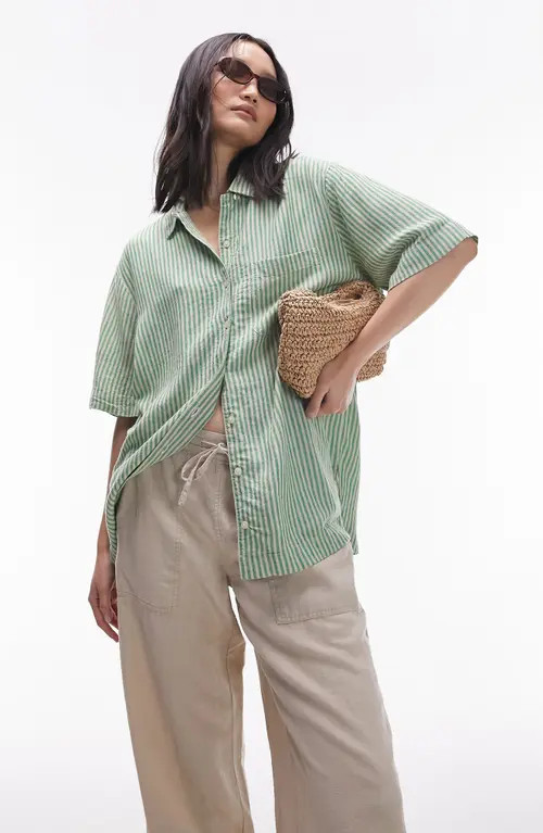 Topshop Stripe Oversize Short Sleeve Button-Up Shirt in Green at Nordstrom, Size Medium | Nordstrom
