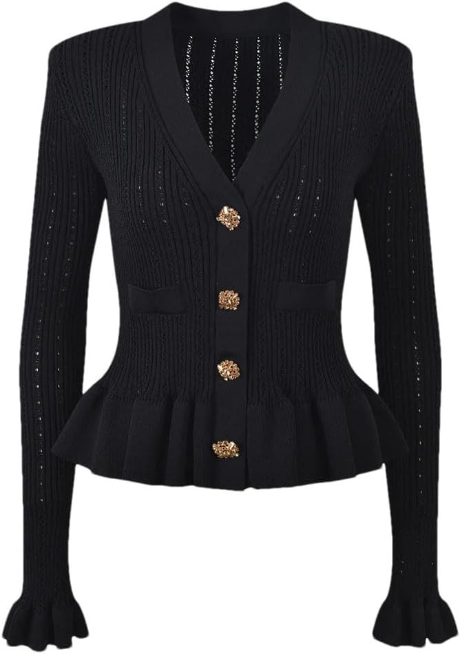 Women's Cardigan Sweater Bell Sleeve Single Breasted V-Neck Slim Fit Solid Color Knitted Top | Amazon (US)