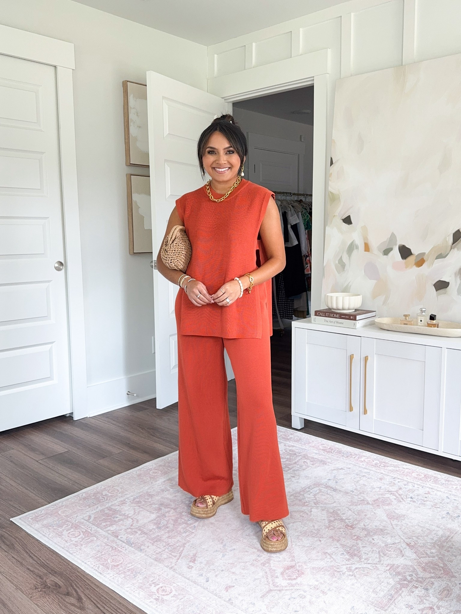 Orange set size xs TTS - pants are a little long on me with flats, I rolled the waistband in once!
Wedge sandals size 5 TTS


#LTKFindsUnder50 #LTKPetite #LTKStyleTip